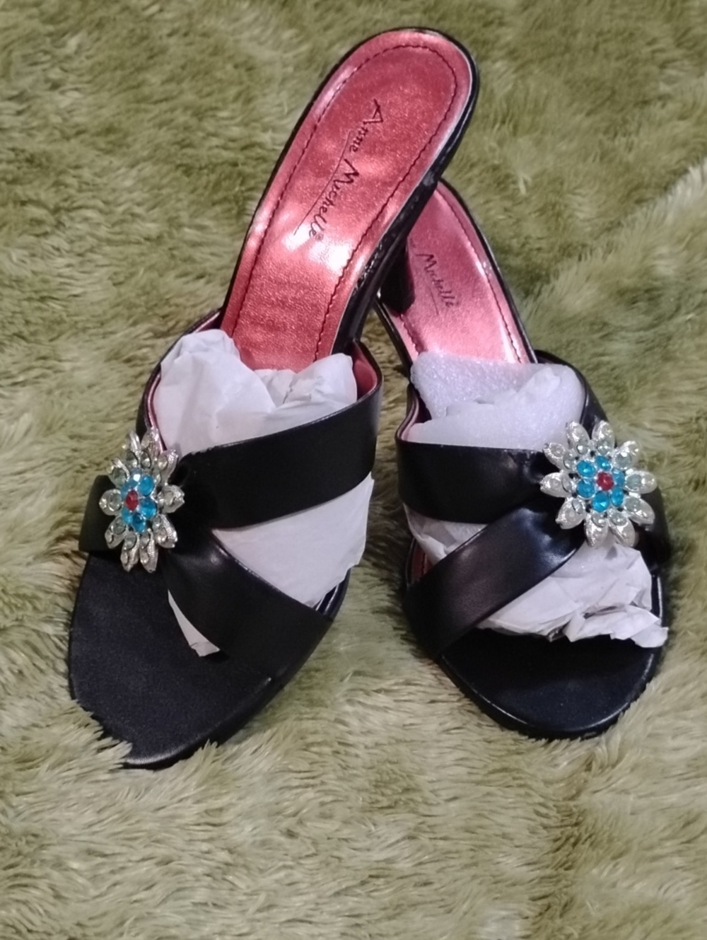 Anne Michelle Black Open-Toe Mules with Floral Gem Accent